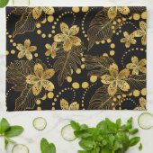 黒と金ゴールドの葉熱帯の花のパターン キッチンタオル (折り畳み)