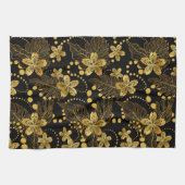 黒と金ゴールドの葉熱帯の花のパターン キッチンタオル (横)