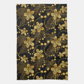 黒と金ゴールドの葉熱帯の花のパターン キッチンタオル (縦)