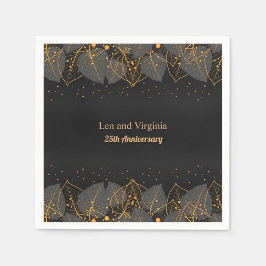 黒と金ゴールドの葉縁どテンプレート スタンダードカクテルナプキン (正面)