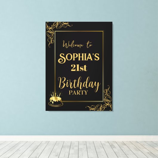 黒と金ゴールドの誕生日を引き伸ばしキャンバス印刷 キャンバスプリント (インサイチュ (ウッドフロア))