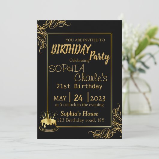 黒と金ゴールドの誕生日パーティーへの招待 招待状 (スタンド正面)