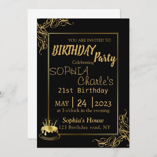 黒と金ゴールドの誕生日パーティーへの招待 招待状 (正面/裏面)
