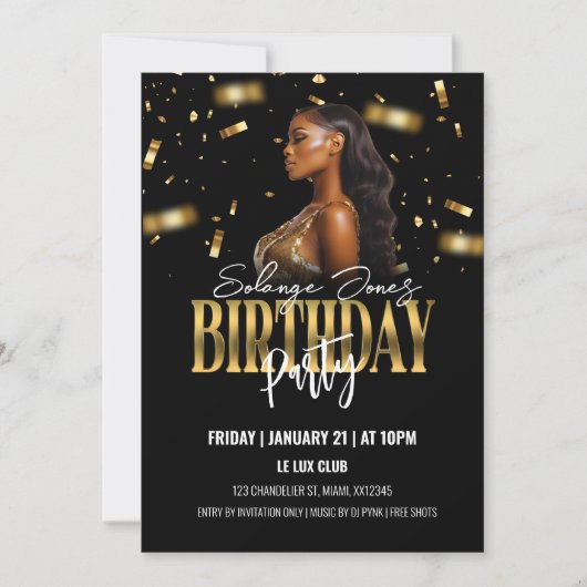 黒と金ゴールドの誕生日パーティーへの招待 招待状 (正面)
