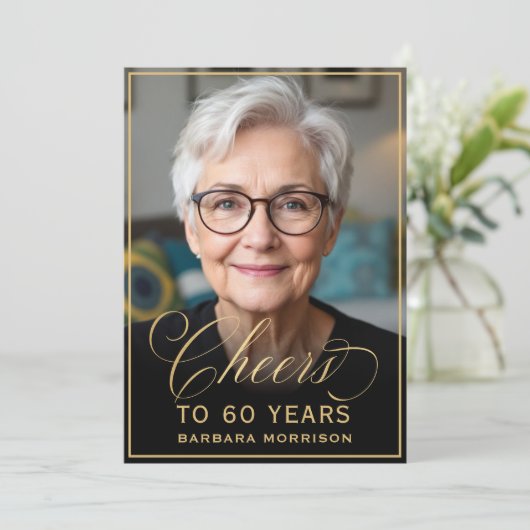 黒と金ゴールドの誕生日応援から60年写真 招待状 (スタンド正面)