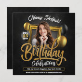 黒と金ゴールドの誕生祝い女性写真 招待状 (正面/裏面)