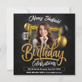 黒と金ゴールドの誕生祝い女性写真 招待状 (正面)