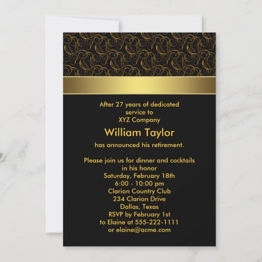 黒と金ゴールドの退職パーティー 招待状 (裏面)