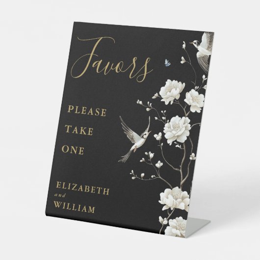 黒と金ゴールドの陳腐なフローラの好意結婚の 台座サイン (正面)