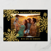 黒と金ゴールドの雪片メリークリスマスフォト 箔シーズンカード (正面)