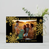 黒と金ゴールドの雪片メリークリスマスフォト 箔シーズンカード (立ち正面)