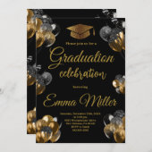 黒と金ゴールドの風船卒業パーティー 招待状 (正面/裏面)