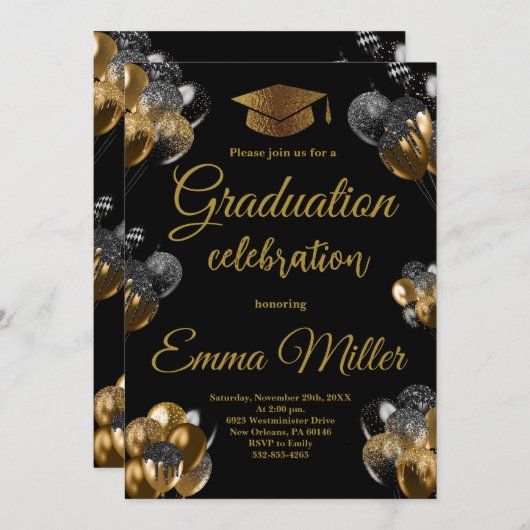 黒と金ゴールドの風船卒業パーティー 招待状 (正面/裏面)