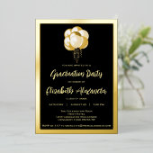 黒と金ゴールドの風船卒業パーティー 箔招待状 (立ち正面)