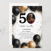 黒と金ゴールドの風船50誕生日パーティー 招待状 (正面/裏面)