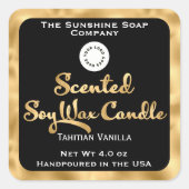 黒と金ゴールドの香り付き大豆ワックスキャンドルラベルwロゴ スクエアシール (正面)