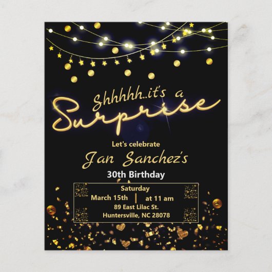 黒と金ゴールドの驚きの予算の招待フライヤー チラシ (正面)