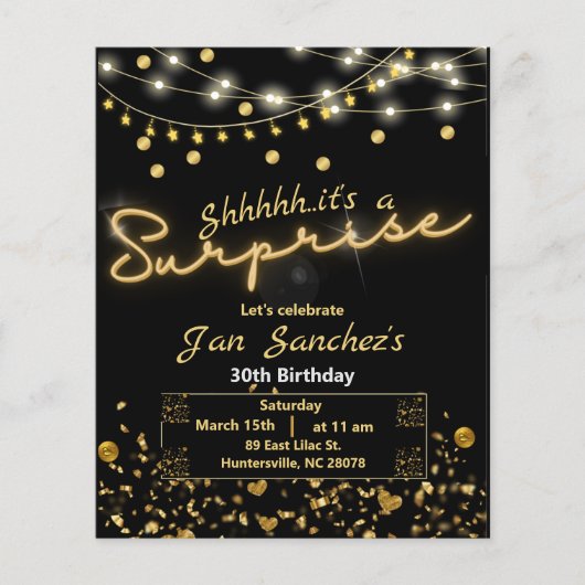 黒と金ゴールドの驚きの予算の招待QRcode チラシ (正面)