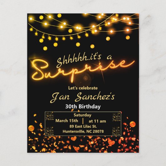 黒と金ゴールドの驚きの予算招待状QRcode F チラシ (正面)