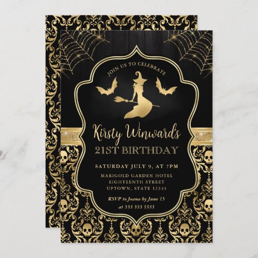 黒と金ゴールドの魔女とこうもりダマスク21歳の誕生日 招待状 (正面/裏面)