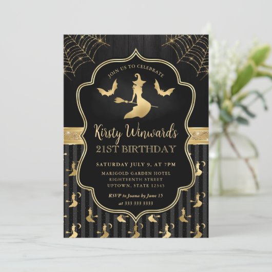 黒と金ゴールドの魔女とこうもりダマスク21歳の誕生日 招待状 (スタンド正面)