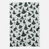 黒と金ゴールドの魔女の帽子の星グリーンハロウィン キッチンタオル (縦)