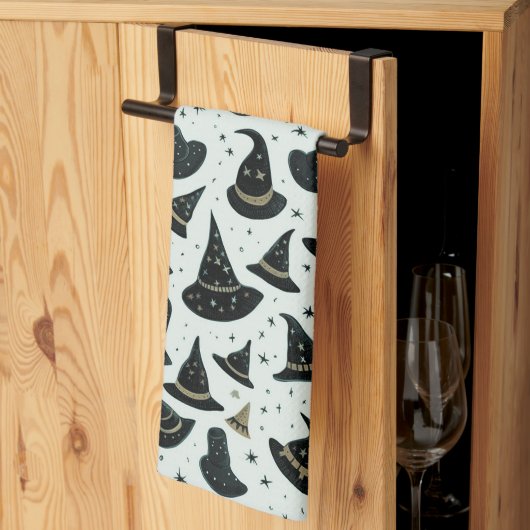 黒と金ゴールドの魔女の帽子の星グリーンハロウィン キッチンタオル (三つ折り)