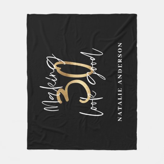 黒と金ゴールドの30歳の誕生日のスクリモダンプトスタイリッシュ フリースブランケット (正面)