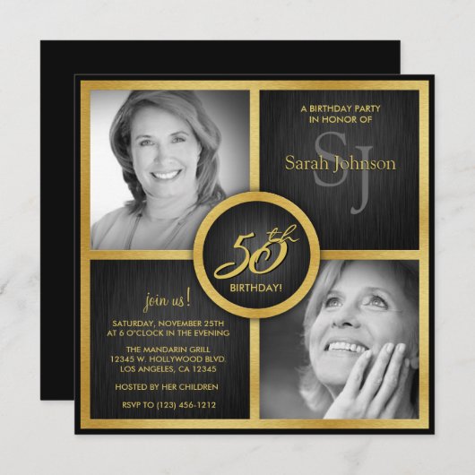 黒と金ゴールドの50エレガント番目の誕生日写真 招待状 (正面/裏面)