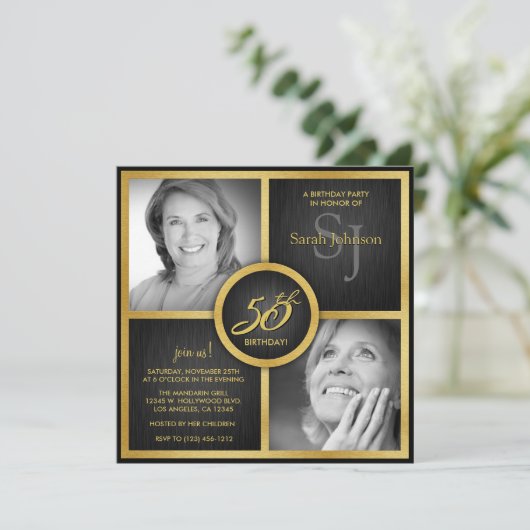 黒と金ゴールドの50エレガント番目の誕生日写真 招待状 (スタンド正面)