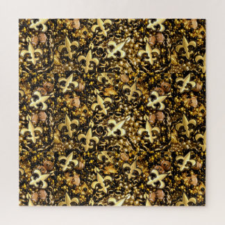 黒と金ゴールドの(紋章の)フラ・ダ・リとサッカーのビーズ ジグソーパズル