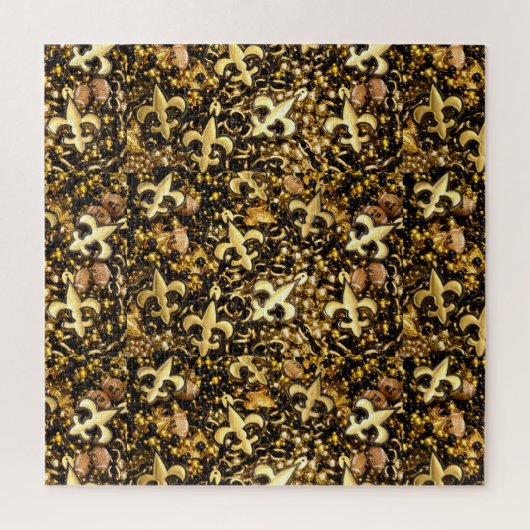 黒と金ゴールドの(紋章の)フラ・ダ・リとサッカーのビーズ ジグソーパズル (縦)