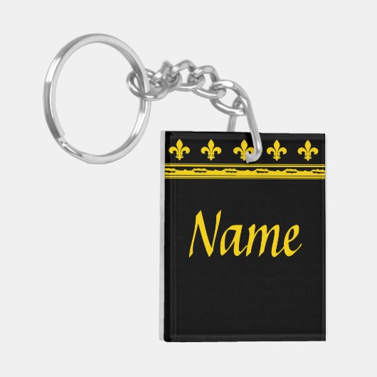 黒と金ゴールドの(紋章の)フラ・ダ・リ文字と数字 キーホルダー (正面左)