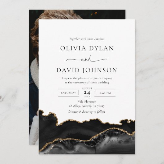黒と金ゴールドのAgateフォト結婚式招待状 招待状 (正面/裏面)