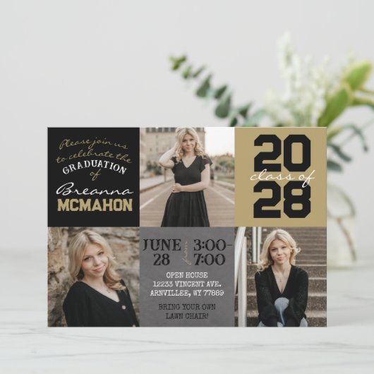 黒と金ゴールドのChalkboard 3写真卒業 招待状 (スタンド正面)
