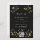 黒と金ゴールドのQRコード結婚式招待状テンプレート (正面)