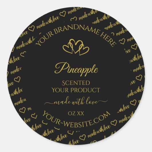 黒と金ゴールドのWordクラウド製品ラベルのハート ラウンドシール (正面)