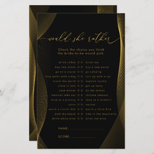 黒と金ゴールドは彼女はむしろブライダルシャワーゲーム (正面/裏面)