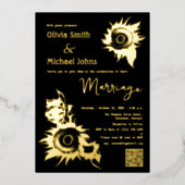 黒と金ゴールドひまわりQRコードウェディング招待 箔シーズンカード (正面)