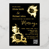 黒と金ゴールドひまわりQRコードウェディング招待 箔シーズンカード (正面)
