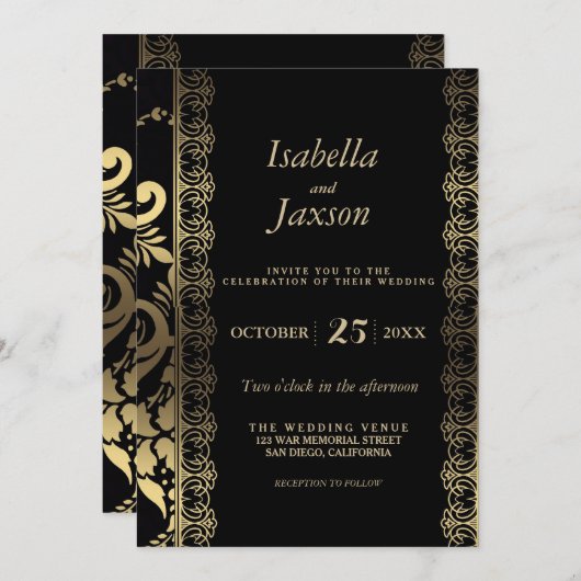 黒と金ゴールドをスエレガントクロール 招待状 (正面/裏面)