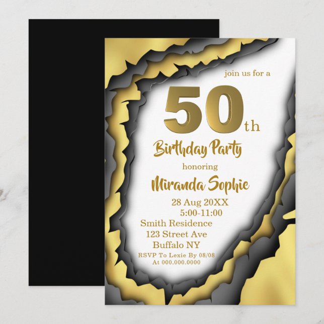 黒と金ゴールドアガテ50誕生日招待状 (正面/裏面)