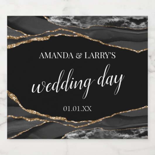 黒と金ゴールドアゲート大理石きらめくワインラベル スパークリングワインラベル (シングルラベル)