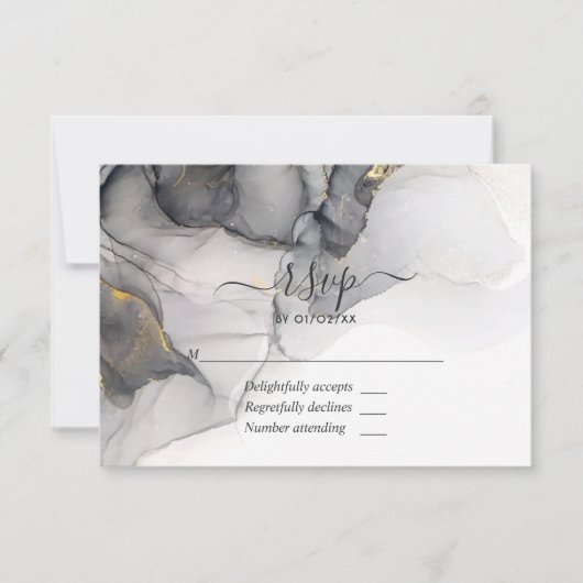 黒と金ゴールドアルコールインクウェディングRSVPカード 出欠カード (正面)