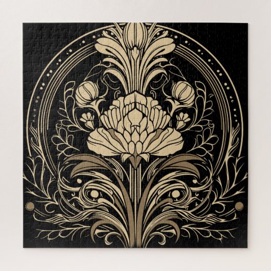 黒と金ゴールドアールデコフラワースクエア ジグソーパズル (縦)