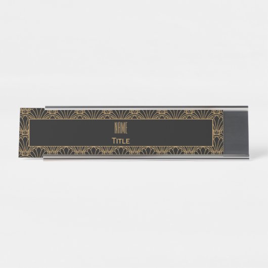 黒と金ゴールドアールデコ扇花モチーフ デスクネームプレート (正面)