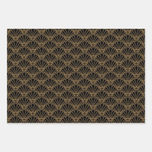 黒と金ゴールドアールデコ扇花モチーフ ラッピングペーパーシート (正面3)