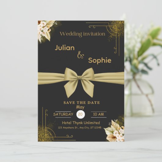 黒と金ゴールドエレガモダンントウェディングお祝い 招待状 (スタンド正面)