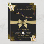 黒と金ゴールドエレガモダンントウェディングお祝い 招待状 (正面/裏面)