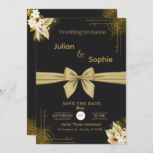 黒と金ゴールドエレガモダンントウェディングお祝い 招待状 (正面/裏面)